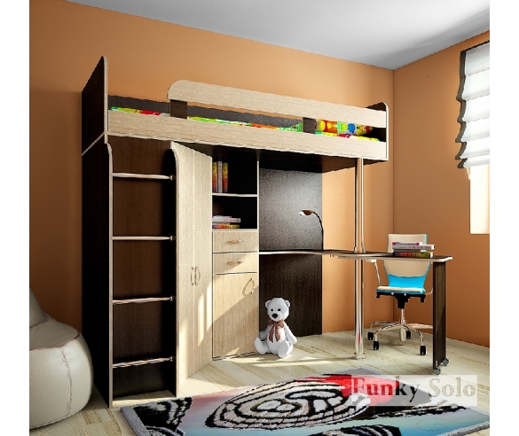 Мебель детям - кровать чердак Фанки Соло 2 венге / дуб кремона