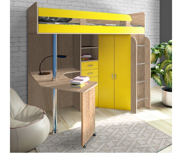 Кровать чердак с рабочим столом Фанки Соло 2 бордолино / желтый