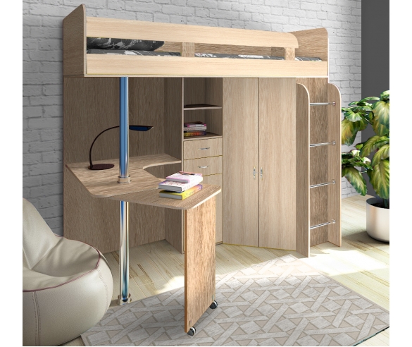 Кровать чердак с рабочим столом Фанки Соло 2 бордолино / дуб кремона