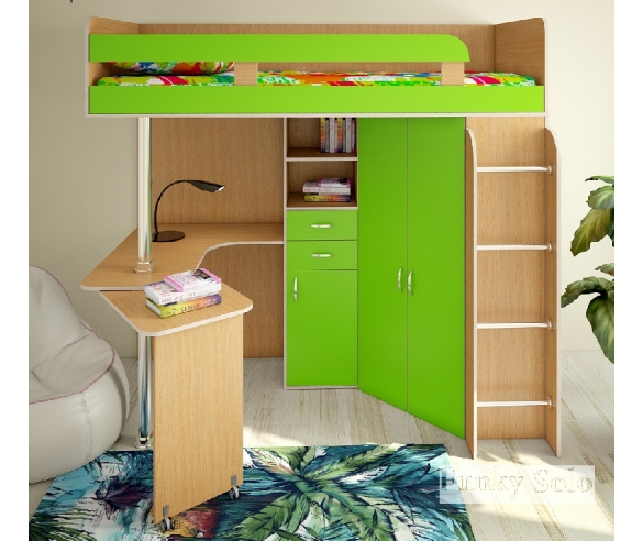 Кровать чердак с рабочим столом Фанки Соло 2 бук / лайм