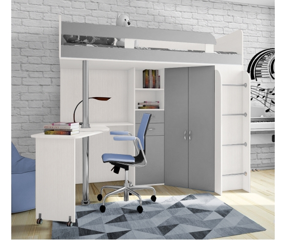 кровать чердак с рабочей зоной Фанки Соло 2 белый/серый