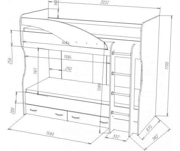 мебель для детей - двухъярусная кровать Фанки Соло 4 схема с размерами