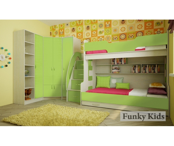 Детская комната Фанки Кидз 21 + модули Фанки Кидз. Цвет корпуса: Сосна Лоредо. Цвет фасада: Зеленый