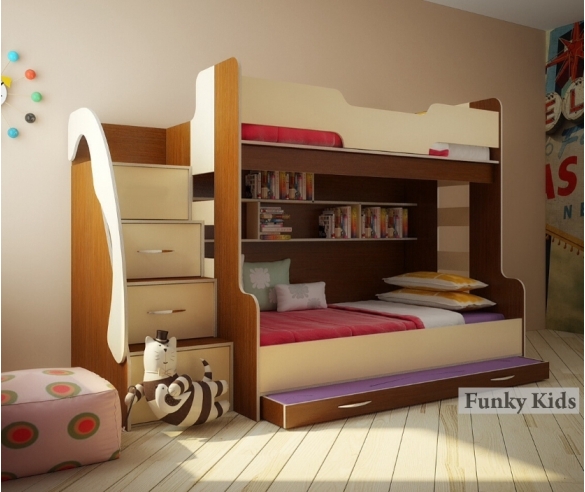 Кровать Фанки Кидз 21 с тумбой-лесницей. Цвет корпуса орех, цвет фасада крем ваниль. 
