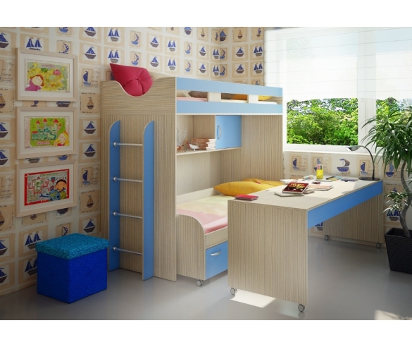 кровать-чердак ФК-22 + кровать 13/53СВ + стол 13/58СВ, сосна лоредо/голубой