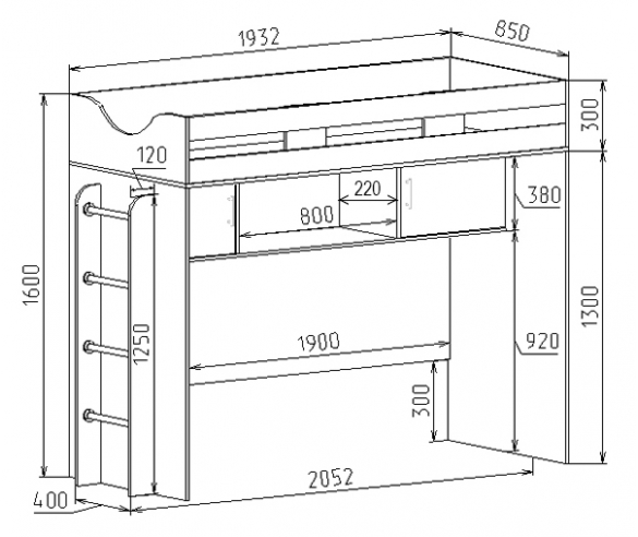 схема и размеры детской кровати Фанки Кидз 22 