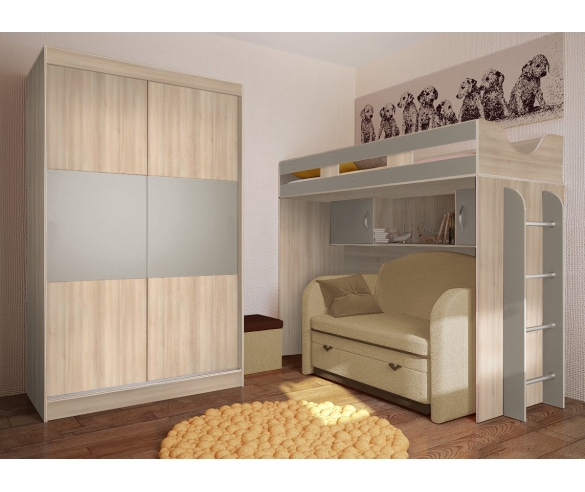 кровать Фанки Кидз 22 - диван Бланес 4 - 2-х дверный шкаф 13/59 СВ дуб кремона/серый