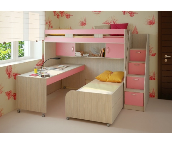 кровать Фанки Кидз ФК-22 + кровать низкая 13/53СВ + стол на колесах 13/58 + тумба-лестница 13/8СВ, цвет корпуса: сосна лоредо, цвет фасада: розовый 