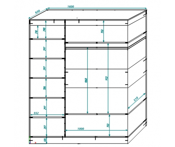 Схема трехдверного шкафа-купе с размерами
