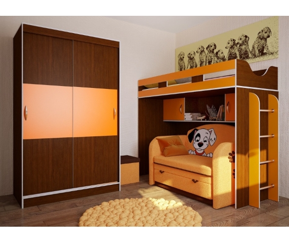 Готовая комната Фанки Кидз для двоих детей. Цвет корпуса: орех. Цвет фасада: оранжевый 