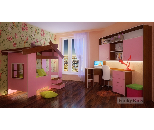 Кровать для детей Домик 13/64СВ + угловой стол 13/63СВ + мост 13/62СВ + пуфик П1. Цвет: Орех/Розовый 