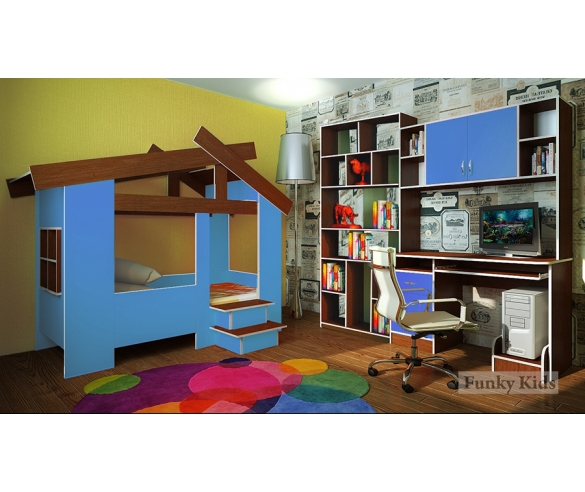 кровать Домик 13/64СВ + стол 13/14СВ + 13/61СВ. Цвет: Орех/Голубой 