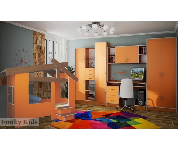 Стол с надстройкой 13/14СВ + шкаф 13/2СВ + стеллаж 13/9СВ + пенал 13/10СВ + кровать Домик 13/64СВ. Цвет: Орех/Оранжевый