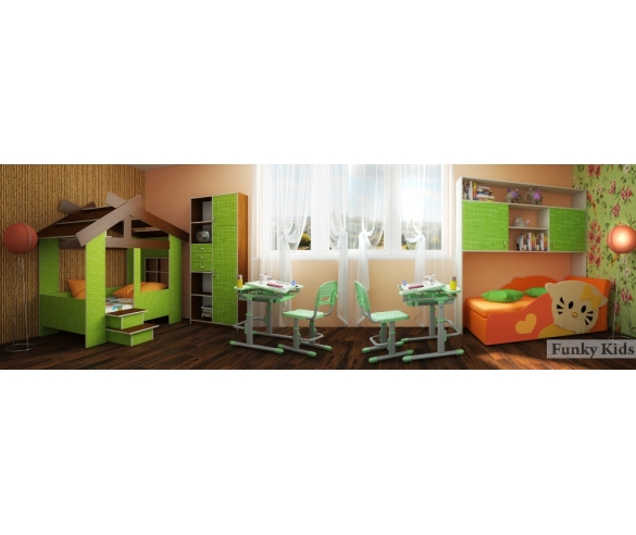Кровать для детей Домик 13/64СВ + стеллаж 13/9СВ + парта Фанки Деск-1 + диван Китти + мост 13/62 СВ. Цвет: Текстиль