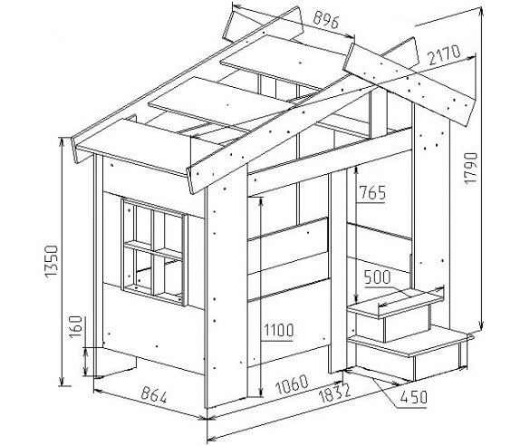 схема и размеры детской кровати Домик 13/64СВ. 