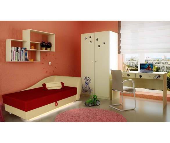 Кушетка Свит (Красный цвет) + мебель Далматинец: шкаф Ш3, стол письменный СТ4, полка ФА-П1