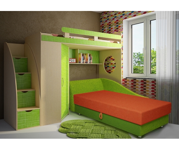 Детская кушетка Свит + кровать-чердак Фанки Кидз 3/1 + лестница-комод 13/27ФМ. Цвет кушетки: Оранжевый 