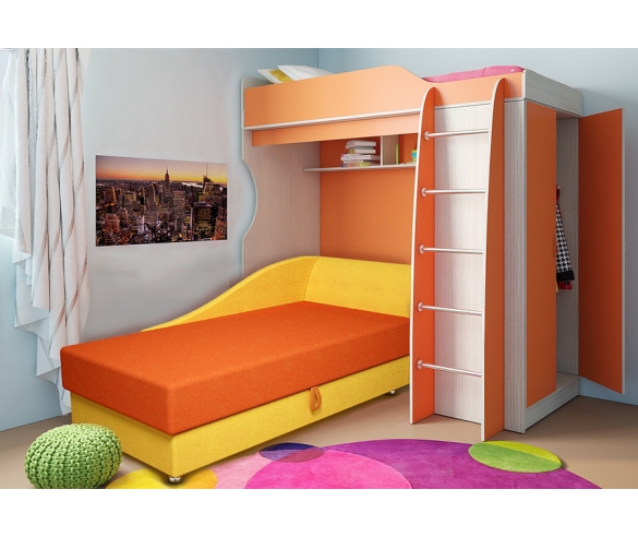 Кровать-чердак Фанки Кидз 11/1 СВ + кушетка Свит для детей и подростков. Цвет: Оранжевый