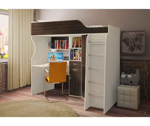 Детская кровать-чердак Фанки Кидз 7 для детей и подростков, цвет корпуса: Белый. Цвет фасада: Дуб шамони