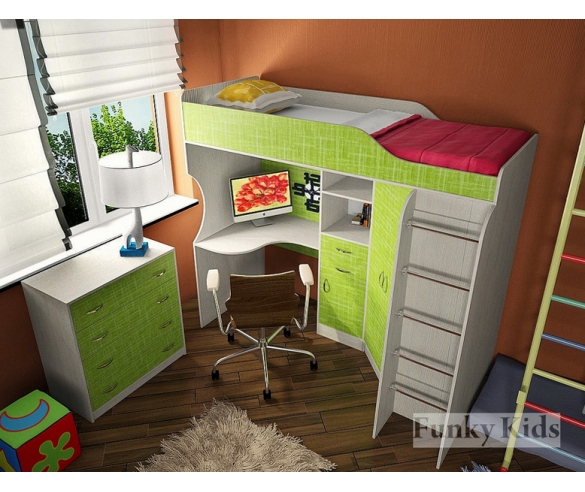 Кровать чердак Фанки Кидз 7 с рабочей зоной и встроенными шкафами 