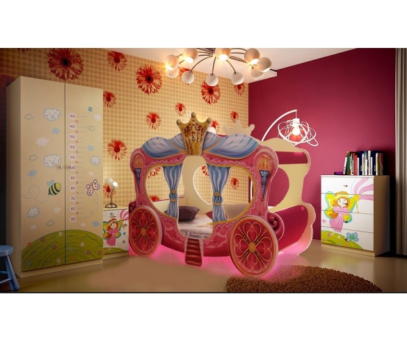 Кровать в виде кареты Золушка розового цвета+ мебель фанки Бэби серия Фея