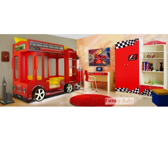 Детская комната с Автотематикой Ковать Автобус Лондон и мебель Фанки Авто