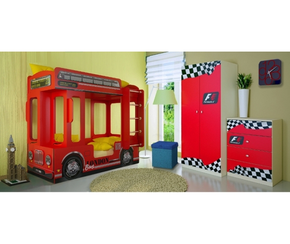 Кровать в виде английского автобуса двухэтажного - Лондон с мебелью Фанки авто
