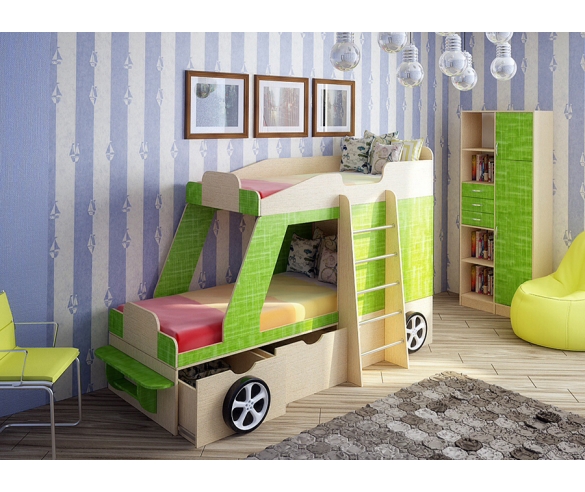 Двухъярусная кровать-машина Джип для двоих детей + стеллаж 13/9СВ. Цвет: Дуб кремона/Текстиль 