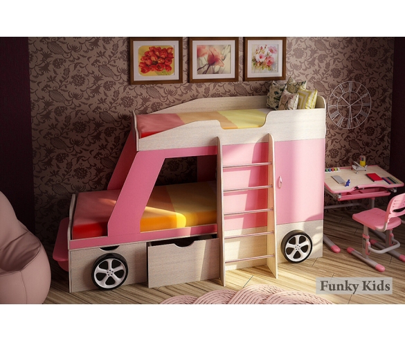 Двухъярусная кровать-машина Джип и парта Фанки Деск. Цвет: Сосна лоредо/Розовый 