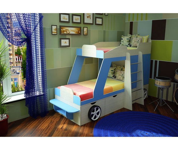 Двухъярусная кровать-машина Джин для двоих детей. Цвет: сосна лоредо/голубой