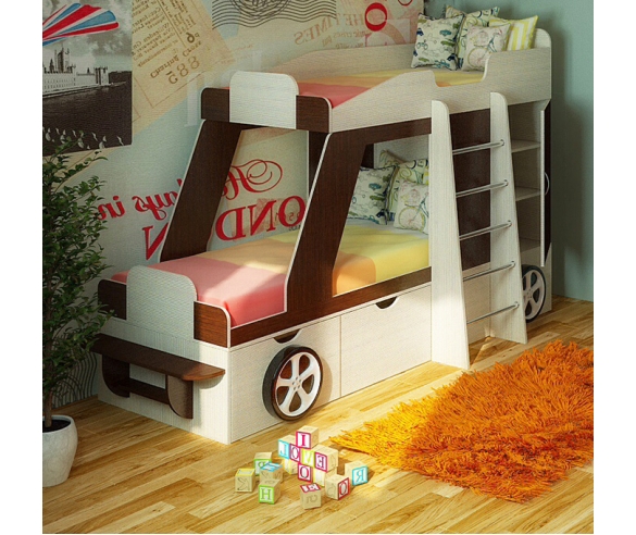 Кровать для двоих детей Фанки Джип с объемными колесами и встроенным шкафчиком