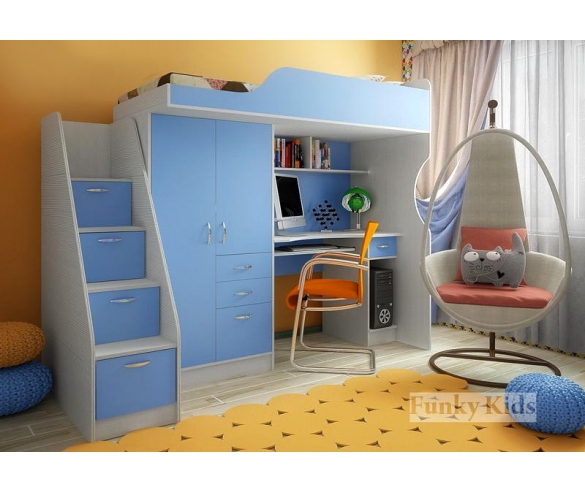 Фанки Кидз 4 СВ кровать чердак со встроенной рабочей зоной сосна лоредо/голубой