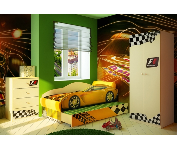 Кровать машина Тесла на подиуме + мебель Фанки Авто 