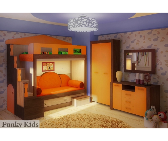 Двухъярусная кровать Фанки Хоум арт.11002 + диванные подушки + комод ФТ-01 + шкаф ФТ-05 Фанки Тайм, фасад оранжевый
