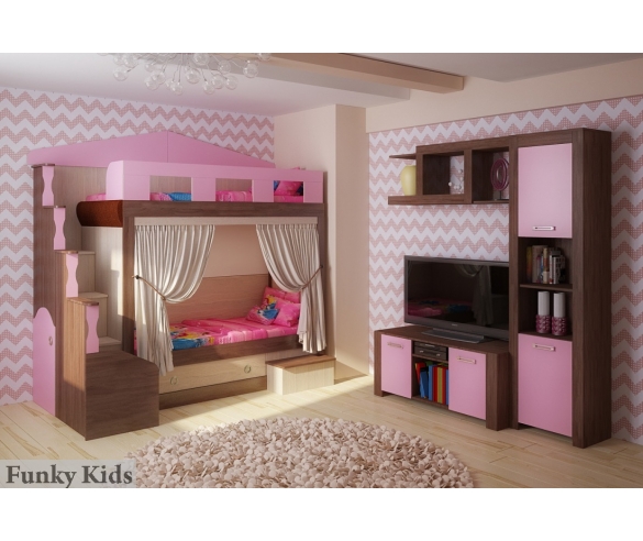 Кровать чердак с игровой зоной Фанки Хоум арт. 11001 + пенал ФТ-04 + комод ФТ-01 Фанки Тайм, фасад розовый