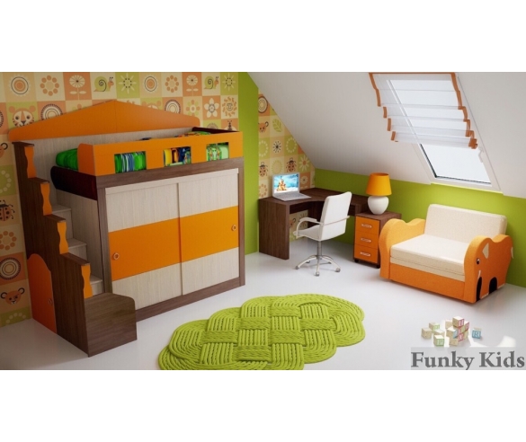 Кровать чердак со шкафом купе Фанки Хоум арт-11005 + диван слоник + тумба Фт-08 + стол ФТ-10 Фанки Тайм, фасад оранжевый