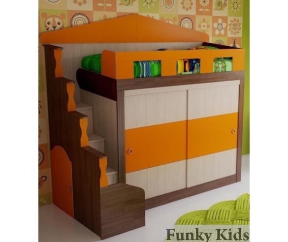 Кровать чердак со шкафом купе Фанки Хоум арт. 11005, фасад оранжевый