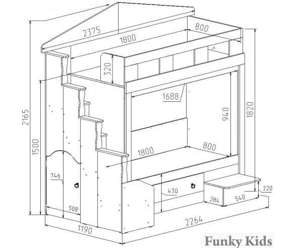 Схема с размерами 2-х ярусной кровати Фанки Хоум арт. 11002