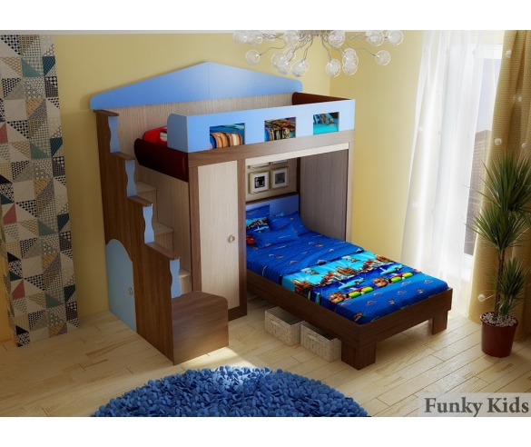 Кровать чердак с нишей Фанки Хоум 11001 + кровать ФТ-02 Фанки Тайм, фасад голубой