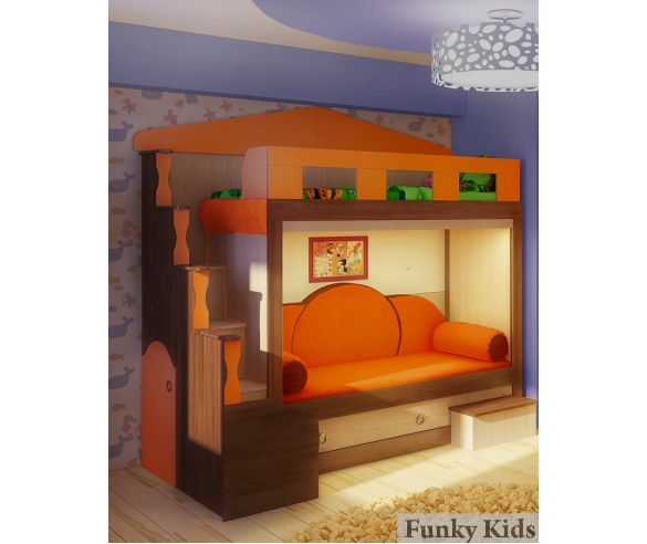 Кроват чердак Фанки Хоум арт. 11002 + подушки Элипс, фасад оранжевый