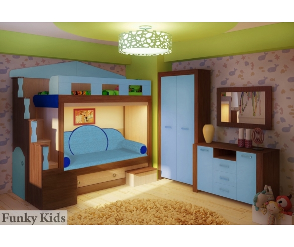 Двухъярусная кровать Фанки Хоум арт.11002 + диванные подушки Элипс + комод ФТ-01 + шкаф ФТ-05 Фанки Тайм, фасад голубой