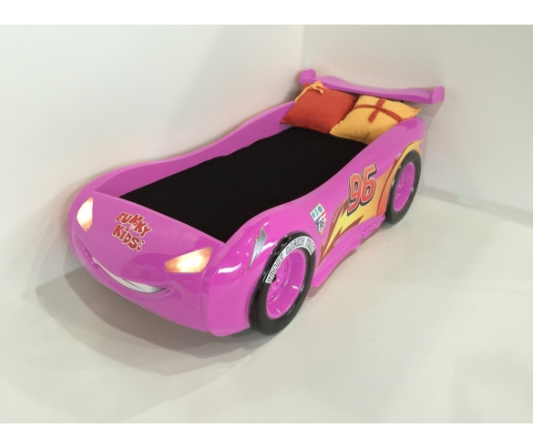 Кровать машина в розовом цвете с горящими фарами арт 20008
