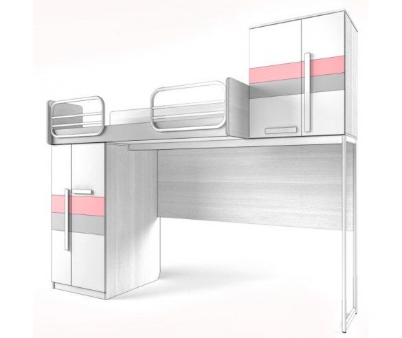 Кровать чердак с нишей, цвет розовый/серый