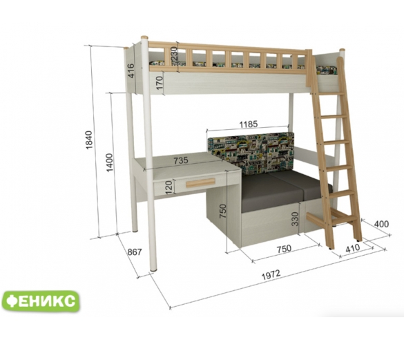 схема кровати феникс 38 попугаев мебель для детей и подростков кровать чердак + диван
