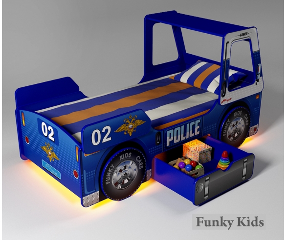 Кровать в виде машины Полиция с выскатным ящиком 