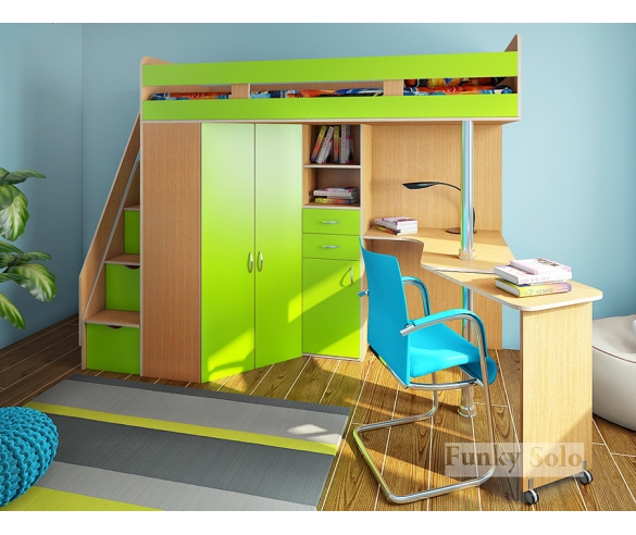 Кровать-чердак для детей Фанки Соло 1, бук / лайм