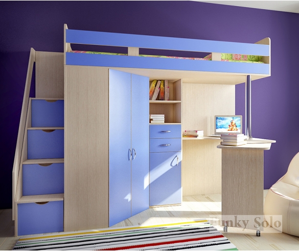 Детская кровать-чердак для детей Фанки Соло 1, Дуб кремона / Голубой 
