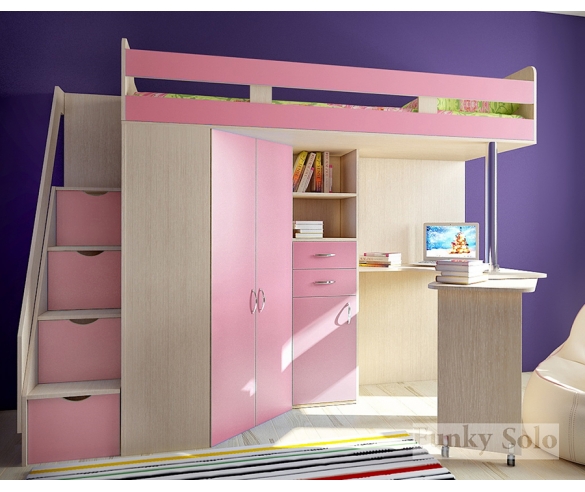 Детская кровать-чердак Фанки Соло 1 дуб кремона / розовый 