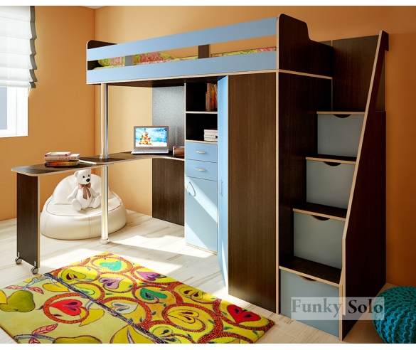 Кровать детская для детей с рабочей зоной Фанки Соло 1, венге / голубой