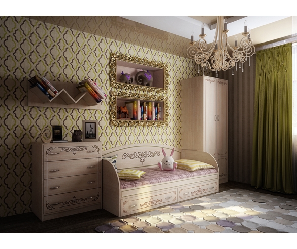 Мебель Фанки Кидз Классика: кровать низкая, комод, полка и шкаф двухдверный, цвет - дуб молочный